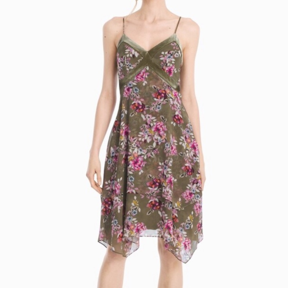 ❌SOLD❌WHBM Olive Floral Velvet Trim Strappy Dress - Picture 1 of 8